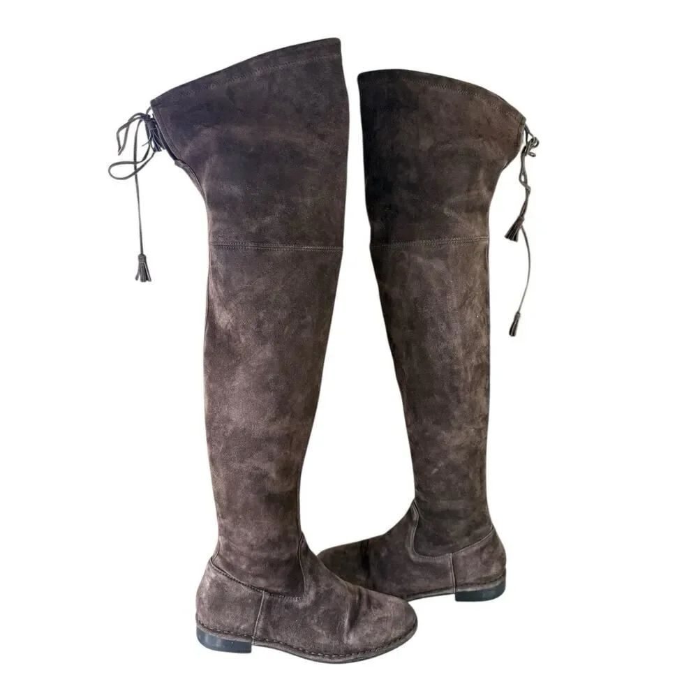 Frye Brown Suede Over-the-Knee Flat Boots with Tie Detail Size 7M